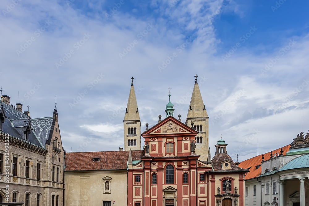 Saint George's Basilica (Bazilika Svateho Jiri, founded around 920) - oldest preserved Romanesque church in Prague Castle. Prague, Czech Republic.