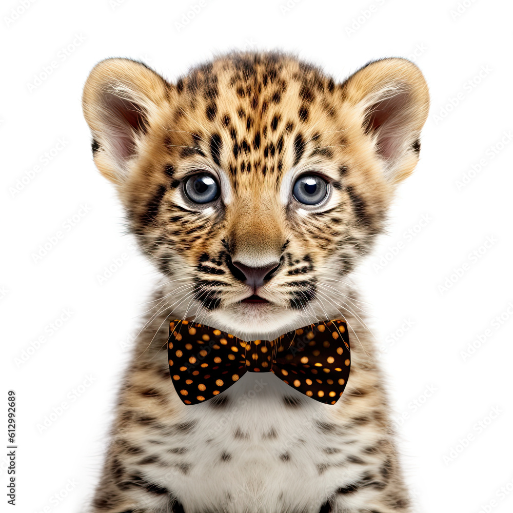 Fototapeta premium Adorable Cute Baby Cheetah Animal in a Bow Tie Close Up Portrait on White Background Nursery, Kid's, Children's room, pediatric office Digital Wall Print Art Generative AI
