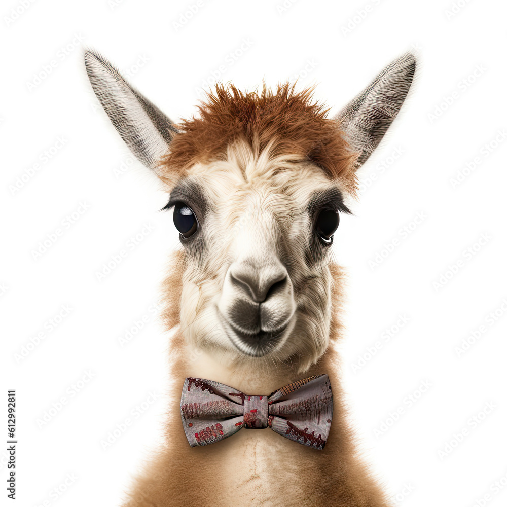 Adorable Cute Baby Llama Animal in a Bow Tie Close Up Portrait on White Background Nursery, Kid's, Children's room, pediatric office Digital Wall Print Art Generative AI