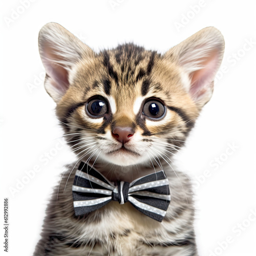 Adorable Cute Baby Margay Cat Animal in a Bow Tie Close Up Portrait on White Background Nursery, Kid's, Children's room, pediatric office Digital Wall Print Art Generative AI