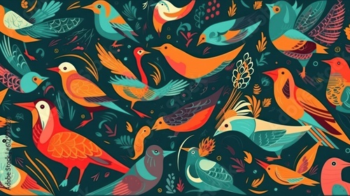 Birds. Tropical Pattern with Birds and Flowers in Bright Colors. Tropical Pattern. Birds Pattern. Made With Generative AI.