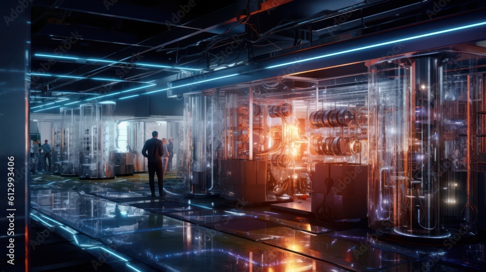 Fototapeta premium Futuristic laboratory where scientists harness the power of quantum computers, with complex algorithms and quantum entanglement pushing the boundaries of computation