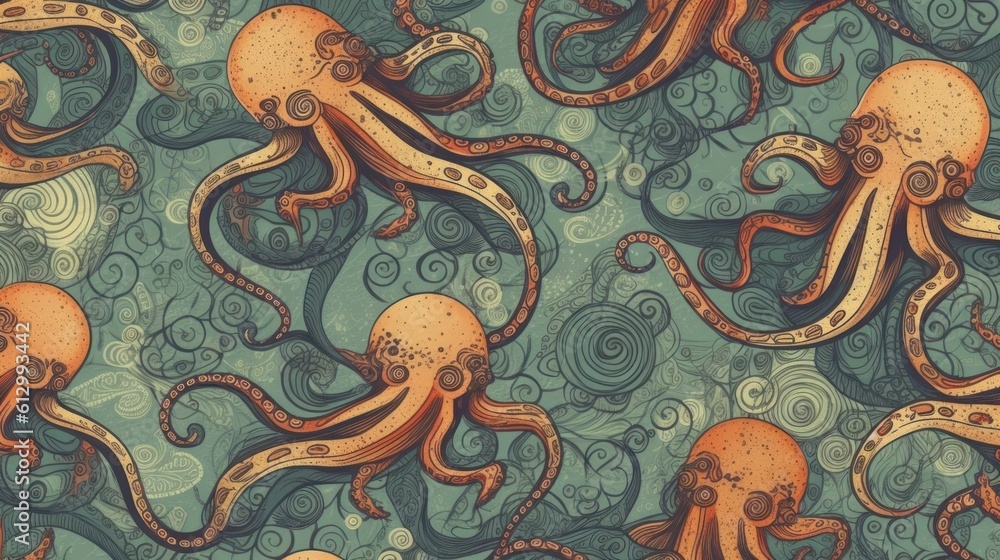 Octopus. Ocean Pattern. Octopus Pattern. Seamless Octopus Pattern. Underwater Life. Made With Generative AI.
