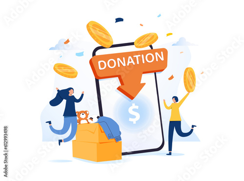 Characters donating money illustration set. Volunteers putting coins in donation box donating with credit card online