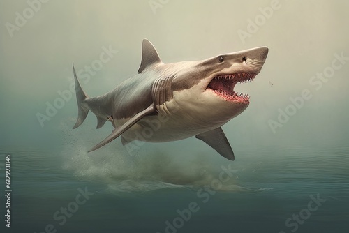 Model of a dangerous predatory white shark with an open mouth above the water AI Generative AI