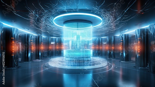 Fototapeta Naklejka Na Ścianę i Meble -  Futuristic laboratory where scientists harness the power of quantum computers, with complex algorithms and quantum entanglement pushing the boundaries of computation