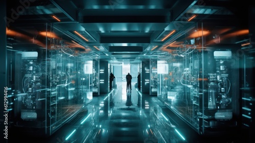 Futuristic laboratory where scientists harness the power of quantum computers, with complex algorithms and quantum entanglement pushing the boundaries of computation