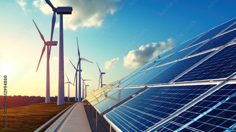 Fototapeta premium Innovative technologies in renewable energy, such as solar panels, wind turbines, or advanced energy storage systems, aimed at reducing carbon footprint and promoting sustainability