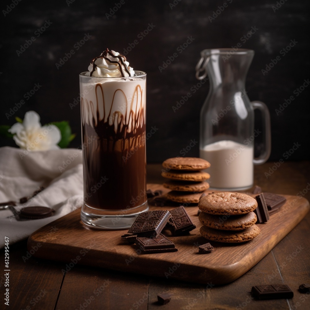 Tall Glass of Iced Chocolate with Cookies Tall Glass of Iced Chocolate with Cookies