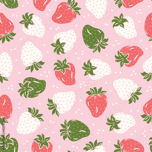 Vector Strawberries Seamless Pattern. Red, Green, White Wild Strawberry. Berries Pink Background. Fruit Berry Wallpaper. Great for Textile, Wrapping Paper, Packaging etc.