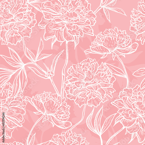 Peonies Vector Floral Seamless Pattern. Vintage Flower Pink Background with Hand Drawn Sketch Peony Flowers and Leaves.