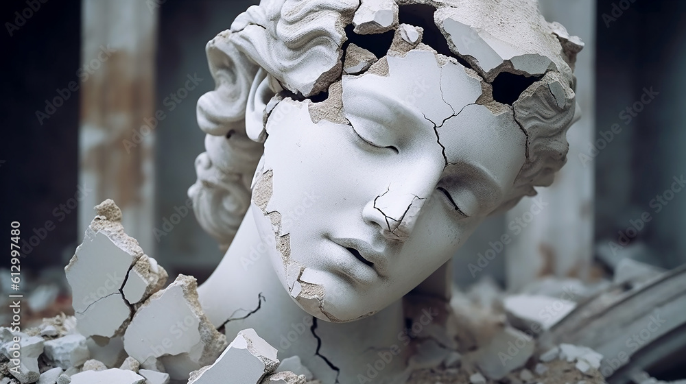 Damaged statue of young woman, head of broken female sculpture