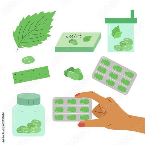 Set mint flavor chewing gum. mouth freshener. A package with pills, a bottle, a chewing plate. Vector flat illustration.