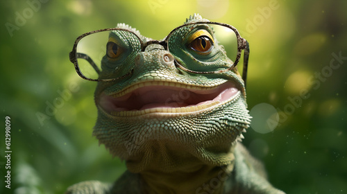 iguana reptile wildlife glasses animal scale close-up green lizard portrait. Generative AI.