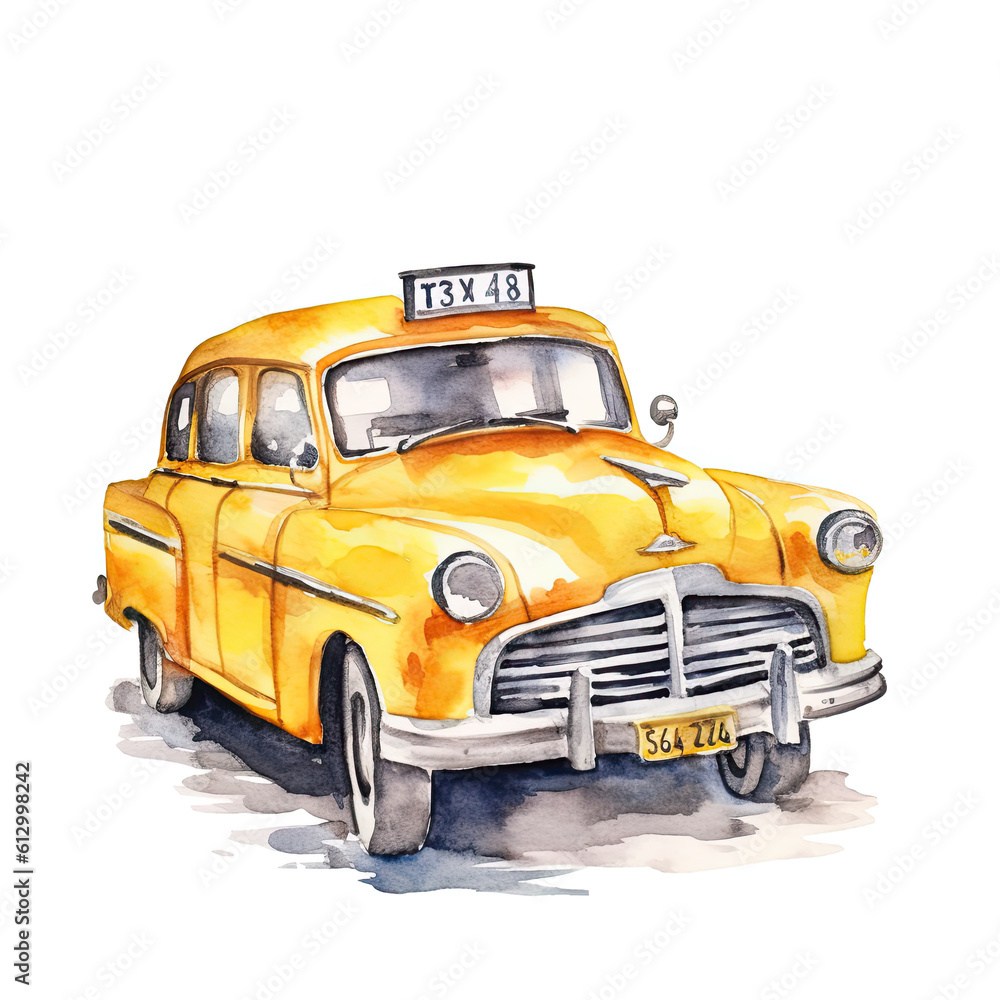 Old yellow taxi car watercolor drawing. isolated on white background. yellow taxi car cartoon style Generative AI