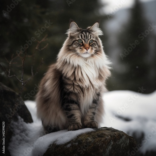 Majestic Norwegian Forest Cat on Snow-covered Rock