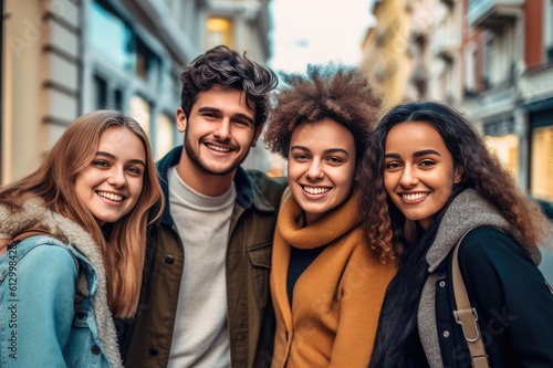 Multiracial group of friends having fun together outdoors on city street- Young cheerful people walking hugging outside- Next gen z lifestyle concept-Smiling student enjoying vacation. Generative AI 