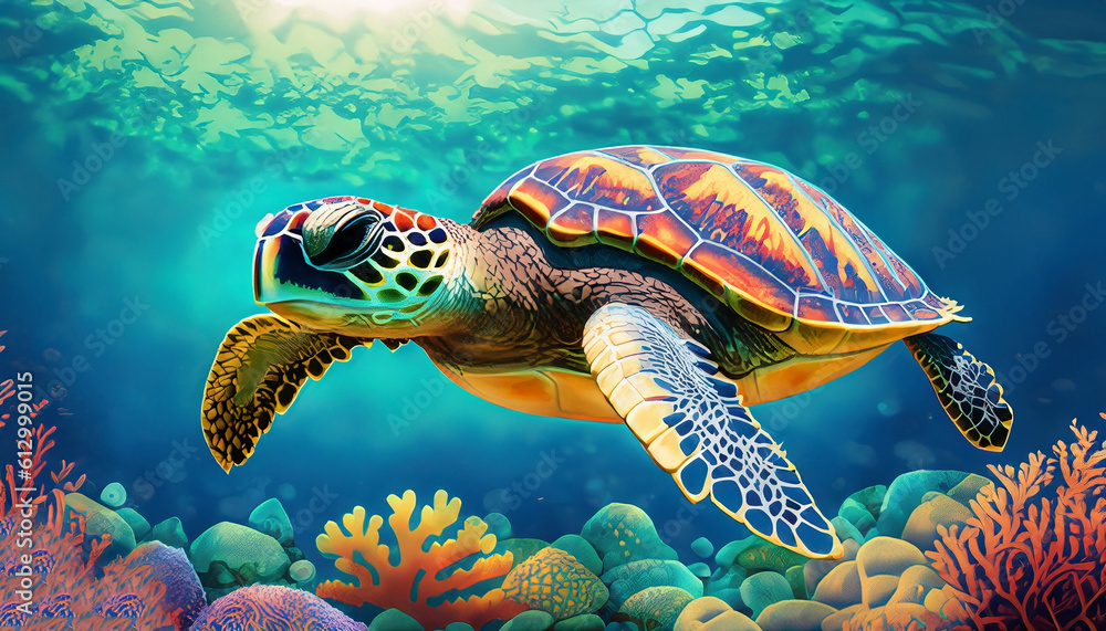 Fototapeta premium Colorful illustration of a sea turtle swimming over coral reefs. Generative AI