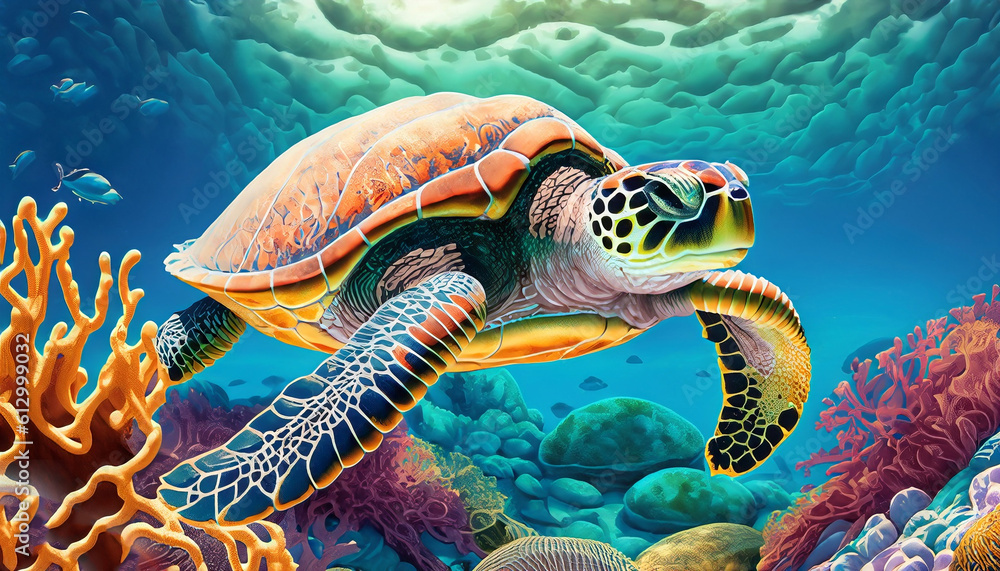 Obraz premium Colorful illustration of a sea turtle swimming over coral reefs. Generative AI