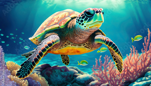 Fototapeta Naklejka Na Ścianę i Meble -  Colorful illustration of a sea turtle swimming over coral reefs. Generative AI