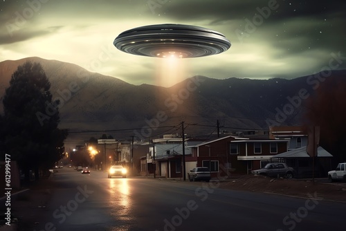 UFO in the sky above the earth. Fantastic illustration