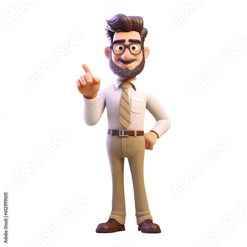 Young adult male teacher in glasses explaining with a pointing gesture. Educational concepts, interactive teaching, and engaging explanations for effective learning, Young adult teacher 3D render