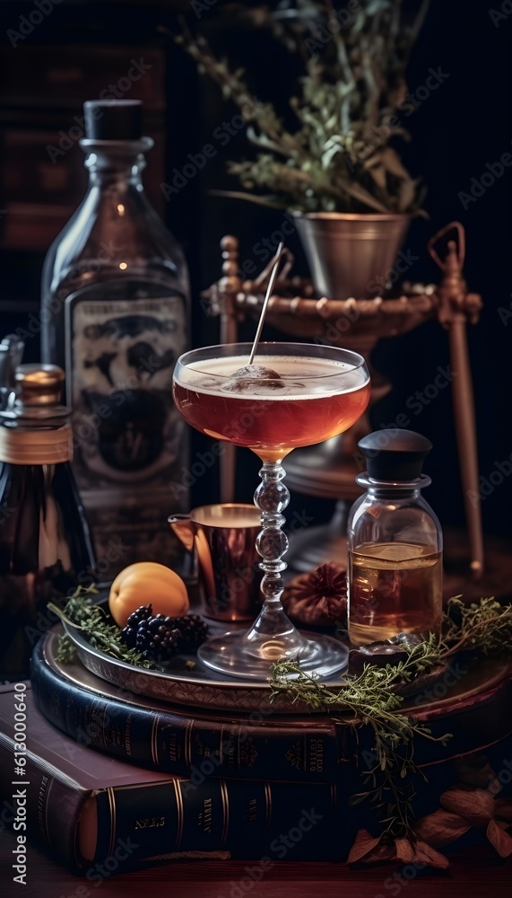 Witch-Themed Cocktail with Ingredients, Generative AI