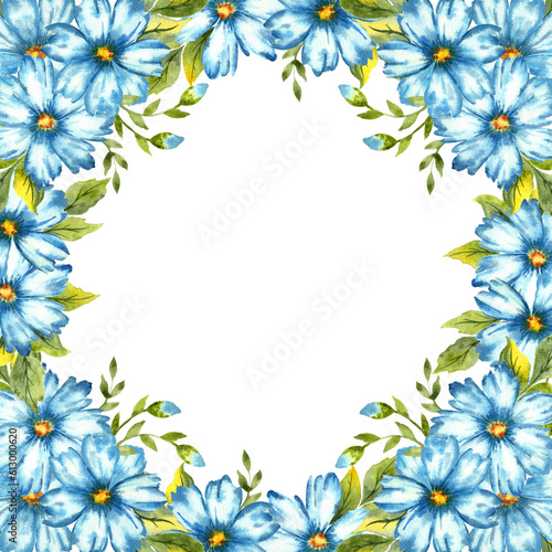 Watercolor square frame of blue flowers with buds. Colors indigo, cobalt, sky blue and classic blue. Great pattern for kitchen, home decor, stationery, wedding invitations and clothes.