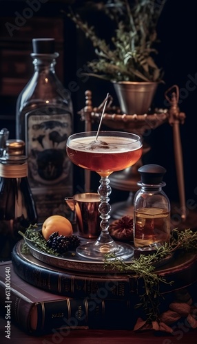 Witch-Themed Cocktail with Ingredients  Generative AI