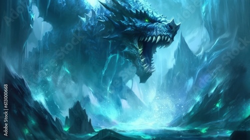 An Illustration of a Fantasy Big Scary Dragon Shouting in a Ice Cavern. Generative AI. © Tuyres