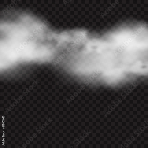 White realistic clouds isolated on transparent background. Vector illustration with smoke effect. Rising fog, vapor