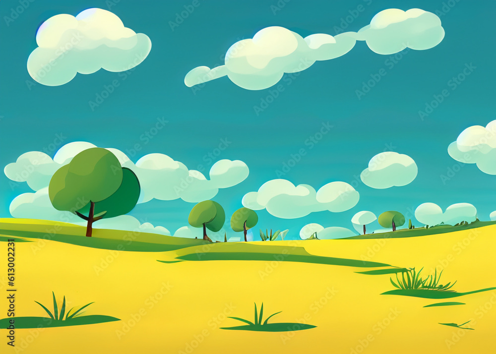 abstract cartoon style of pastoral rural landscape, illustration of yellow field, green trees and blue sky with fluffy clouds created with generative ai technology