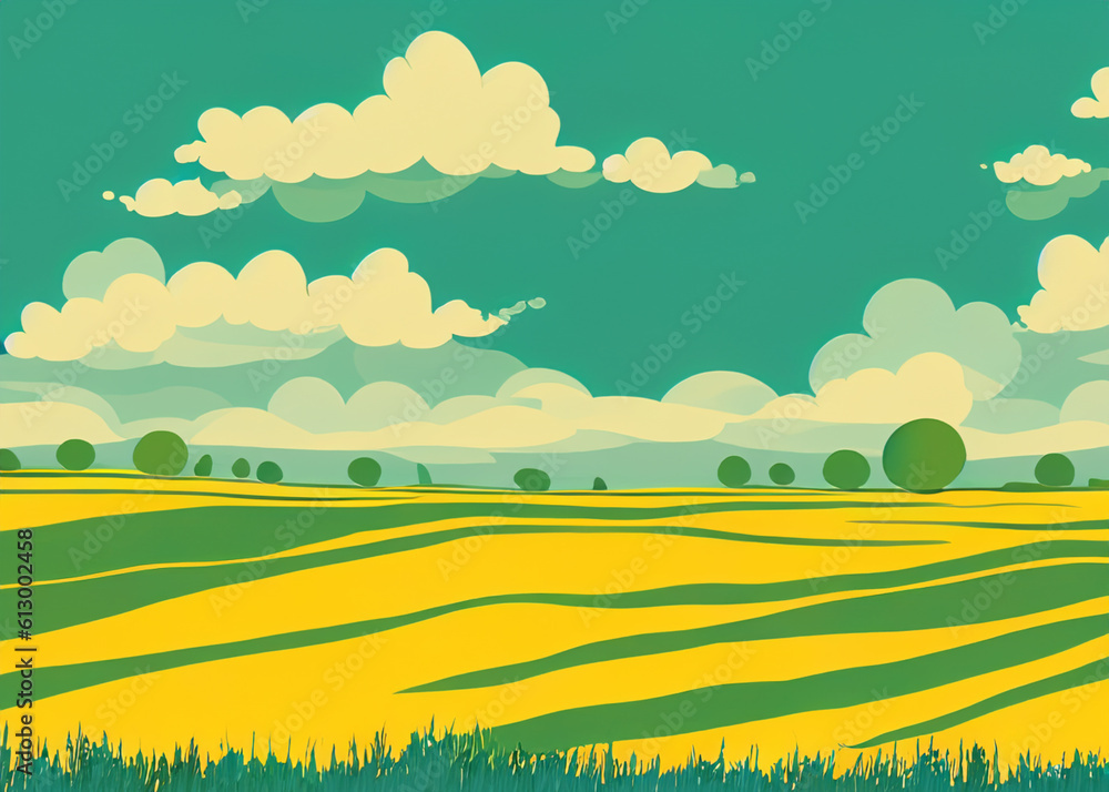 abstract cartoon style of pastoral rural landscape, illustration of yellow field, green trees and blue sky with fluffy clouds created with generative ai technology