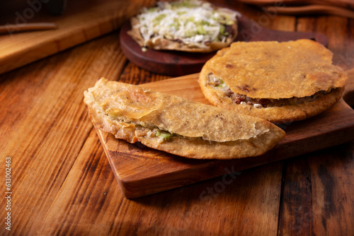 Sope, Quesadilla and Gordita. Very popular street food in Mexico known as Garnachas or Mexican Antojitos, it basically consists of fried corn dough and stuffed or covered with various ingredients.