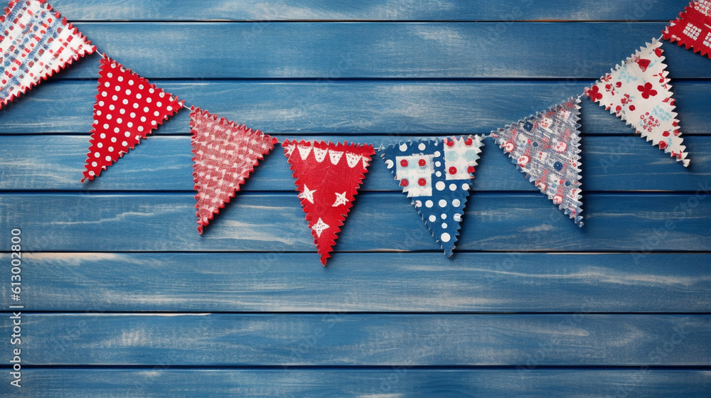Obraz premium Patriotic American Themed Fourth of July Bunting Decoration Flat Lay - on Aged Blue Wood Backdrop with Copy Space - 4th of July Crafts - Cloth in USA Red, White, and Blue Flag Colors - Generative AI