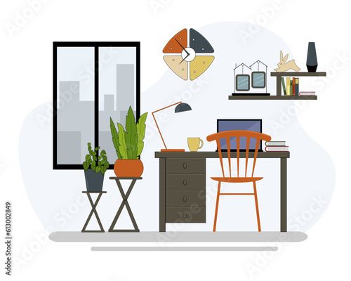 Workplace interior. Desk with drawers, table lamp, laptop and books. Flowers in pots on the background of the window. For brochures, flyers, flyers and other design. Vector.