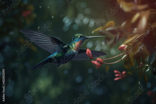 A tiny and vibrant hummingbird perched on a branch, its wings still as it takes a moment to rest in the heart of a lush forest. AI Generative.