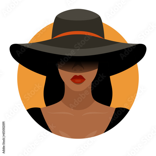 Vector Background. Beautiful Young African American Black Woman with Black Hair, Closed Face with Big Hat, Wide Margins Covering Her Face, Flat Style. Solidarity People, Womens Rights Concept