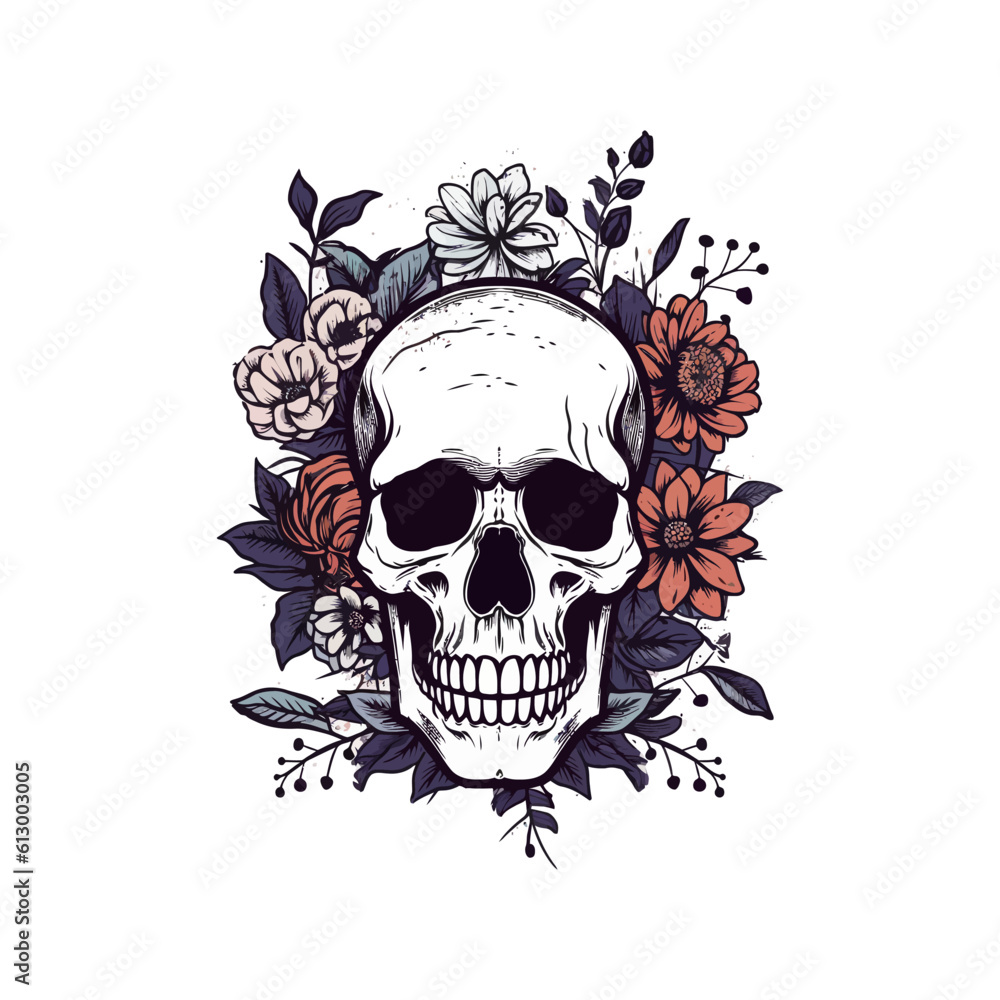 A skull and flowers vector illustration, usable as icon or logo design