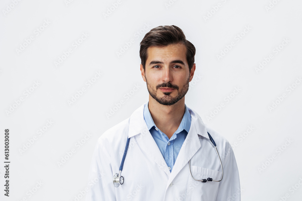 Man doctor in white coat with stethoscope and record folder and patient chart unhappy angry on white isolated background, copy space, space for text, health Man doctor in white coat with stethoscope and record folder and patient chart unhappy angry on white isolated background, copy space, space for text, health