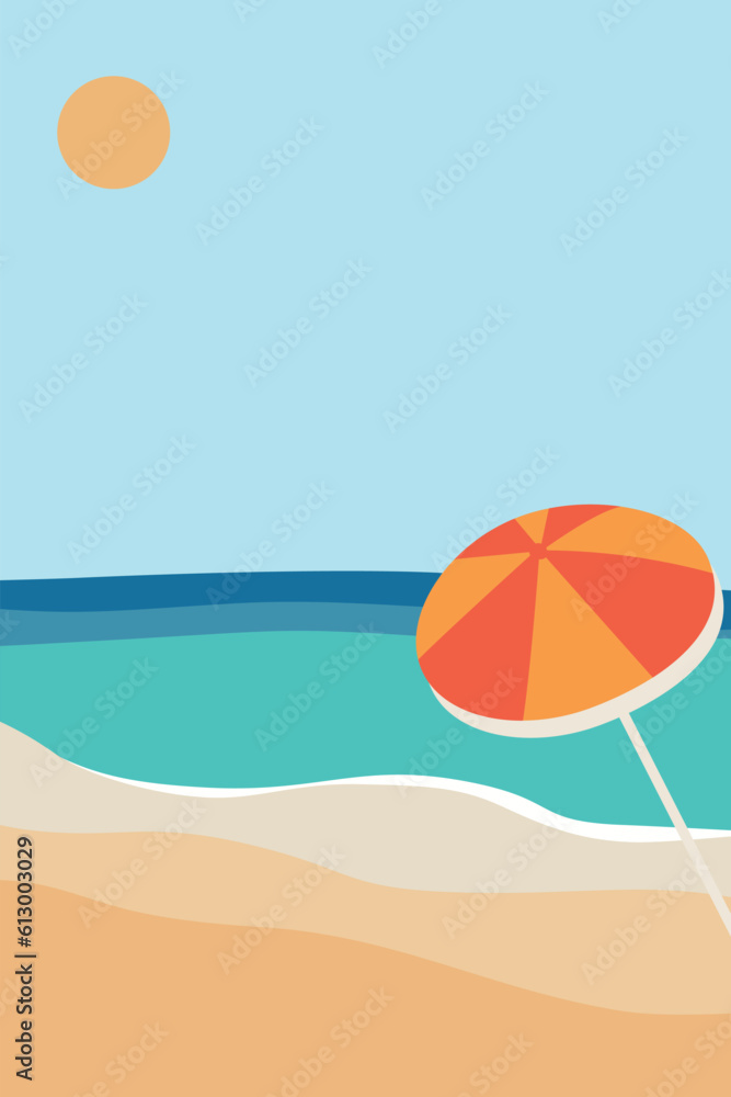 Orange umbrella on the beach with sky, sun, sand, sea. Banner background. Vector illustration, eps 10.