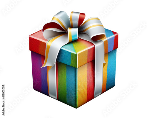 Isometric view of multicolor gift box with ribbon on isolated transparent background suitable for retouch design. Generative AI