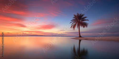 Beautiful bright sunset on a tropical paradise beach. Tranquil summer vacation or holiday landscape. Tropical sunset beach view with palm over calm sea water, Exotic nature view. Generative AI.