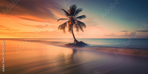 Beautiful bright sunset on a tropical paradise beach. Tranquil summer vacation or holiday landscape. Tropical sunset beach view with palm over calm sea water  Exotic nature view. Generative AI.