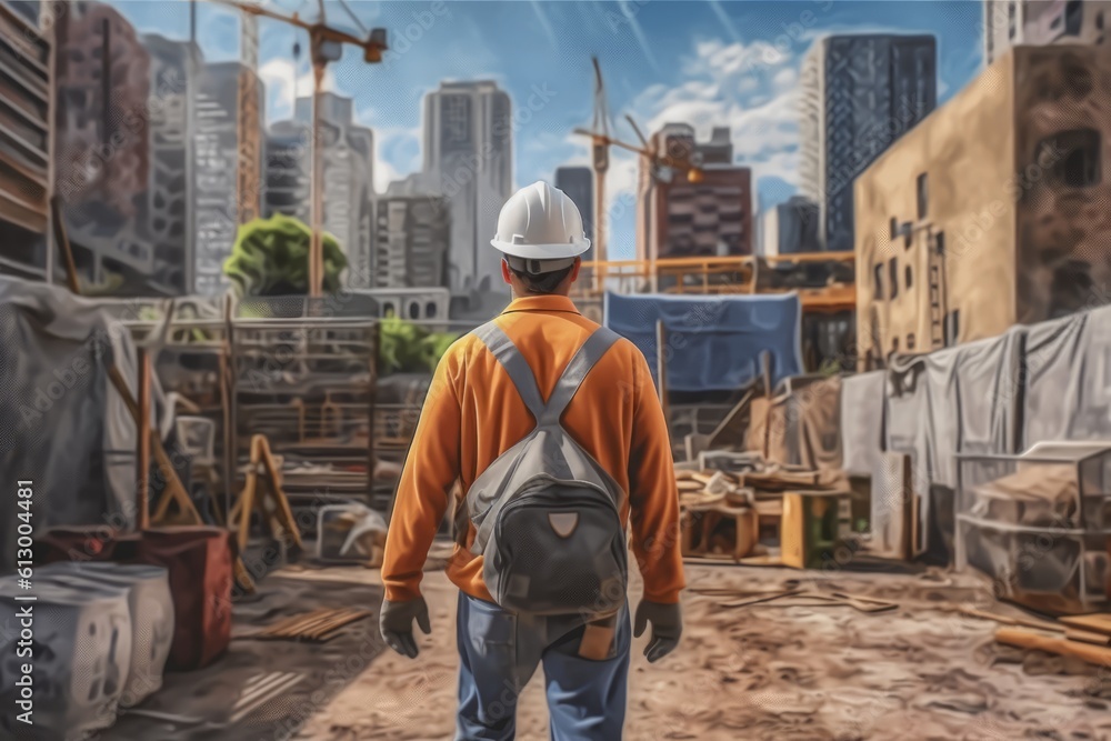 journey of a worker walking towards skyscraper construction site, generative AI