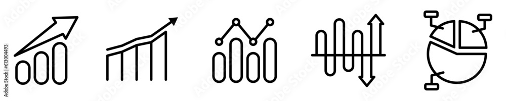 Conjunto de iconos de gráficos de estadísticas. Análisis de datos, ganancias. Gráfico en barras y circular, crecimiento y decrecimiento. Finanzas. Ilustración vectorial Conjunto de iconos de gráficos de estadísticas. Análisis de datos, ganancias. Gráfico en barras y circular, crecimiento y decrecimiento. Finanzas. Ilustración vectorial