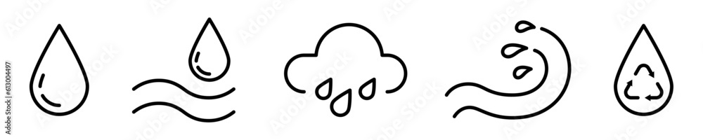 Conjunto de iconos de agua. Gota de agua, nube, lluvia, ola, reciclar. Ilustración vectorial Conjunto de iconos de agua. Gota de agua, nube, lluvia, ola, reciclar. Ilustración vectorial