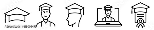 Conjunto de iconos de graduación. Concepto de educación. Estudiante graduado, sombrero, graduación virtual, diploma. Ilustración vectorial