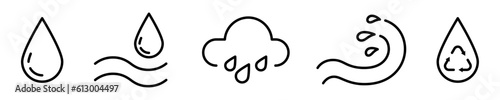 Conjunto de iconos de agua. Gota de agua, nube, lluvia, ola, reciclar. Ilustración vectorial