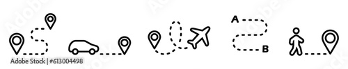Conjunto de iconos de rutas. Diferentes tipos de rutas o trayectoria, viaje. Transporte aéreo, terrestre, punto a y b, caminar, punto de ubicación. Ilustración vectorial photo